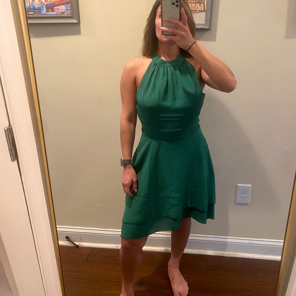 Kelly Green High Neck Open Back Tiered Mini Dress
